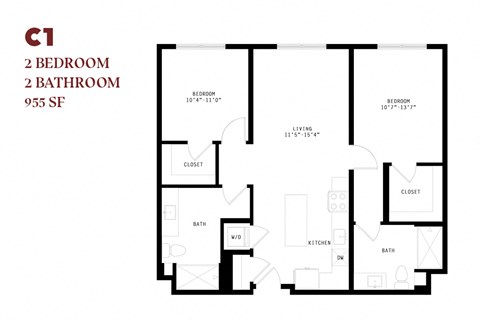 Floor plan for 2 beds, 2 baths, 960 sqft